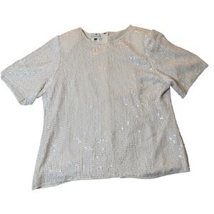 Vintage Saks Fifth Avenue White Silk Sequin Top Short Sleeve Evening Blouse XL